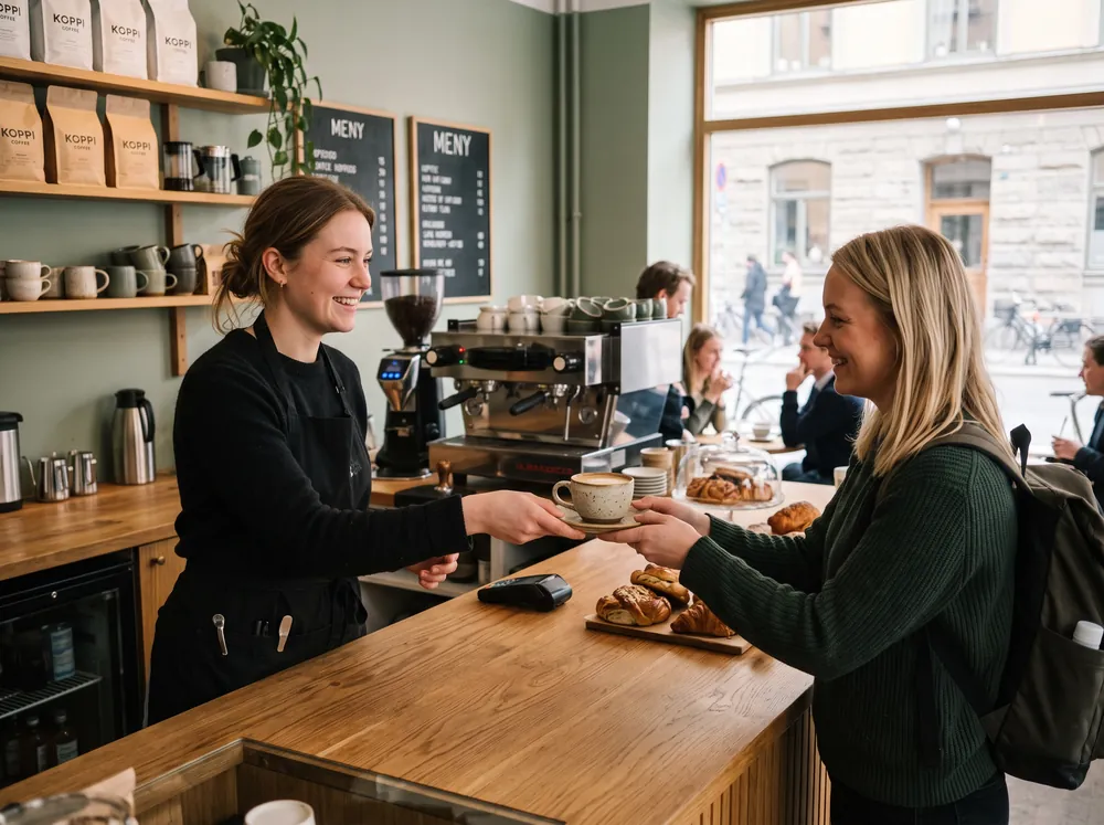 Trevligt bemötande på ett svenskt café vid servering av kaffe över disk.