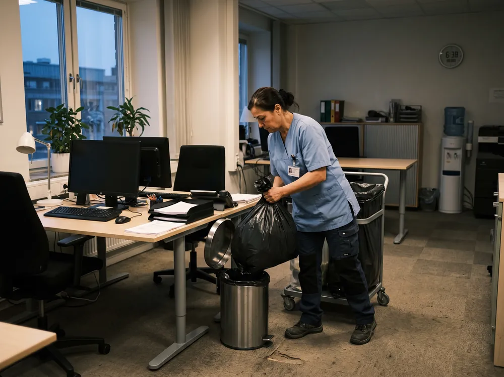 Lokalvårdare i profilerad arbetsklädsel som städar ett modernt kontor.