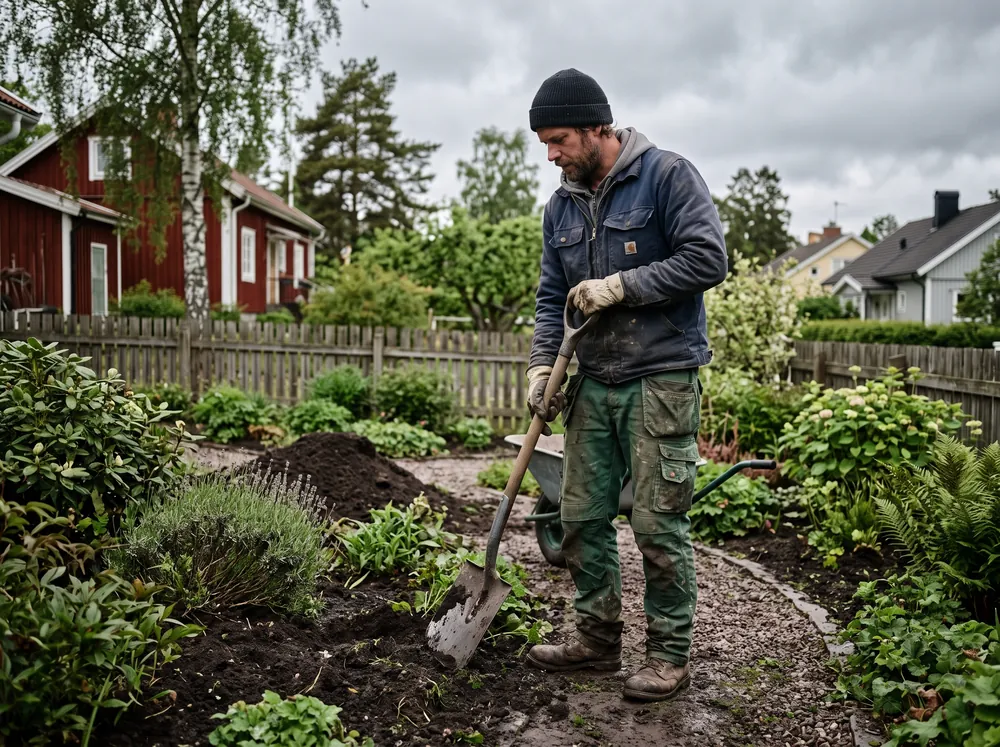Trädgårdsanläggare i gröna yrkesbyxor med en spade i en svensk villaträdgård.